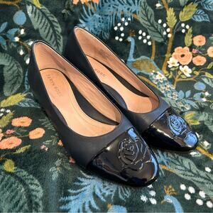 Taryn Rose Babe Navy Blue & Patent Black Leather Low Wedge Heels w Embossed Rose